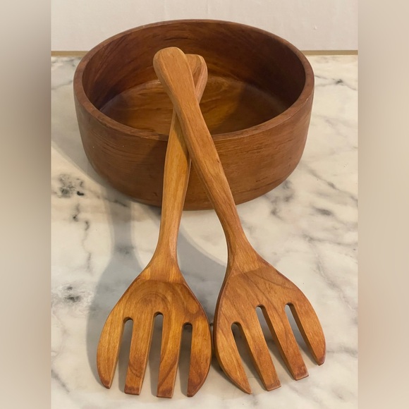 3pc Wood Salad Bowl Set with Utensils Large Round Serving Bowl Natural Brown - Picture 4 of 9